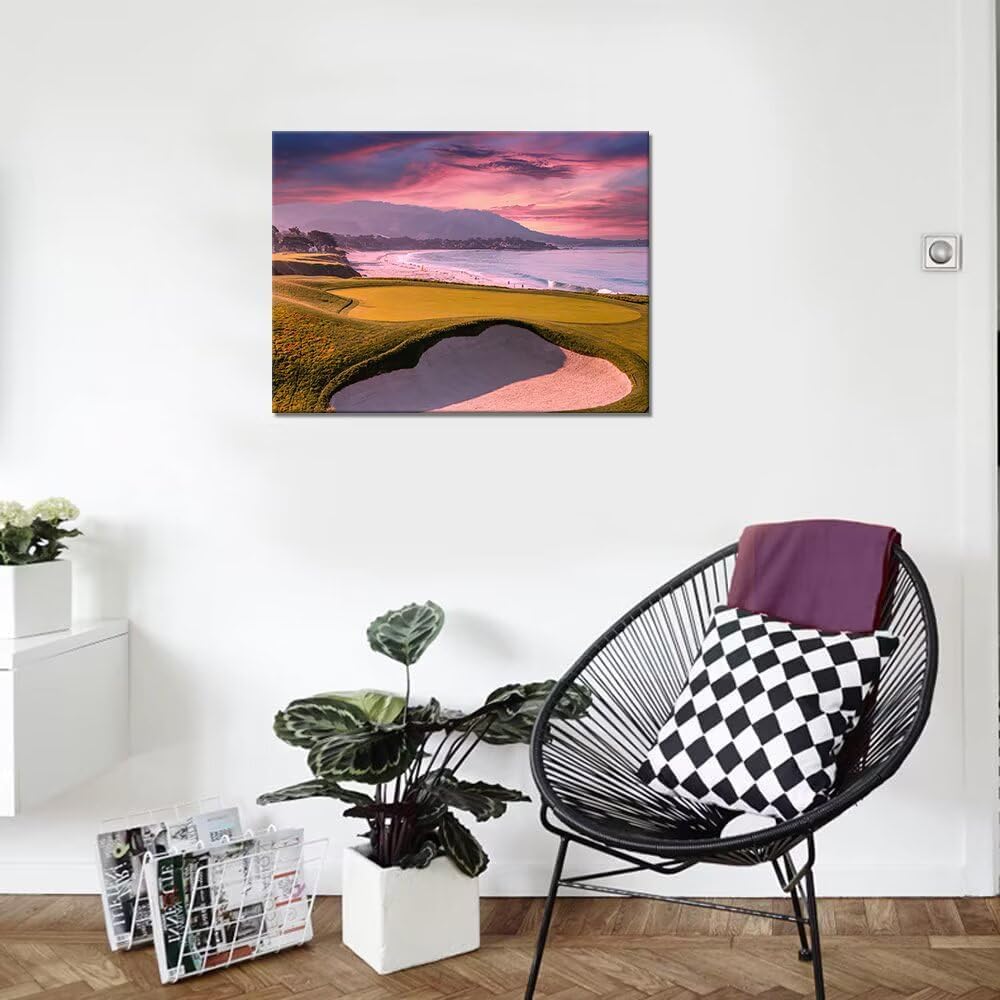 HJY Art Pebble Beach Golf Course Wall Art USA California Golf Course Wall Decor Sunset Landscape Painting Poster for Home Decor Living Room Bedroom Office Club Gym Framed Artwork (12 x 16 inch)