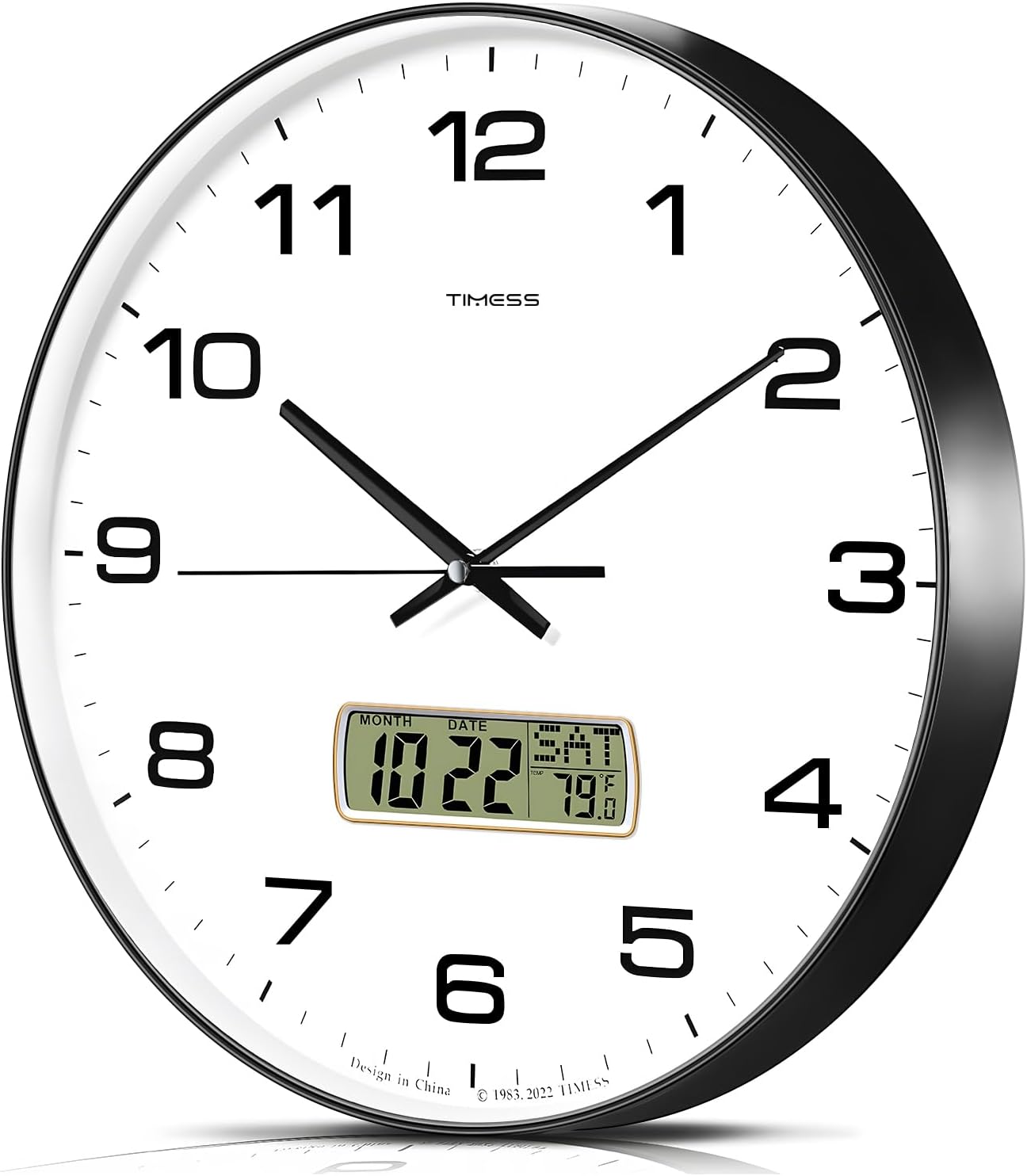 Wall Clock, 13" Dial Non-Ticking Silent Battery Operated Analog with LCD Display for Perpetual Calendar and F° Temperature, Ideal Modern Home, Bedroom, Kitchen, Office Decor(Black)