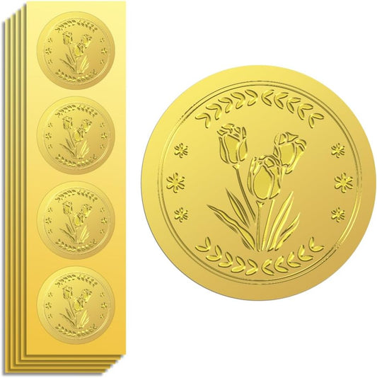 Peacoblue Gold Foil Stickers Seals Embossed 2 Inch 100Pcs Tulips, Self Adhesive Gold Around Embossing Sticker for Certificate Paper Envelope Seal Gift Card Present Decoration
