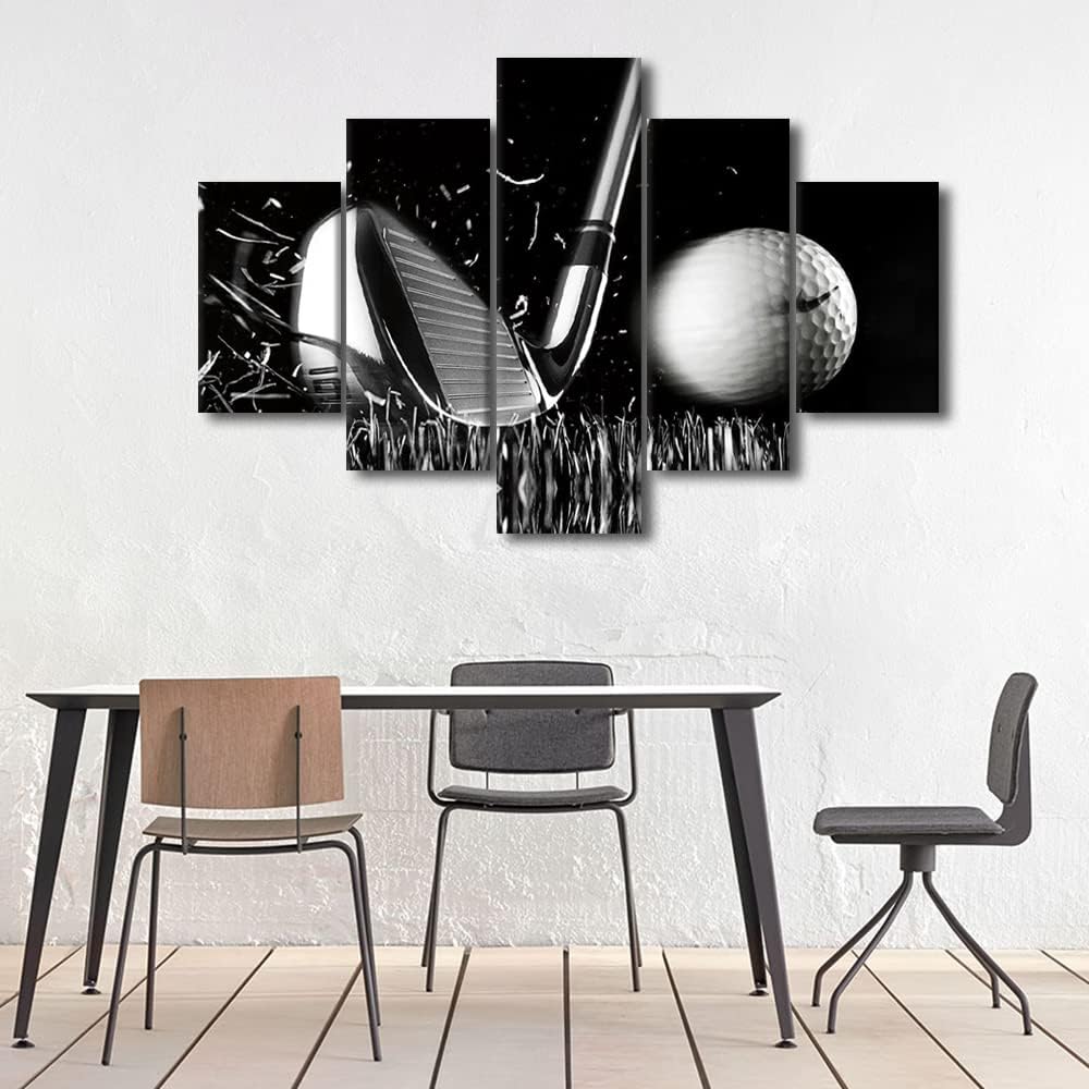 Golf Pctures Wall Decor Black and White Paintings Golf Course Wall Art for Living Room Golfing Sports Artwork 5 Piece Prints on Canvas Modern House Decor Giclee Framed Ready to Hang - 60"W x 40"H