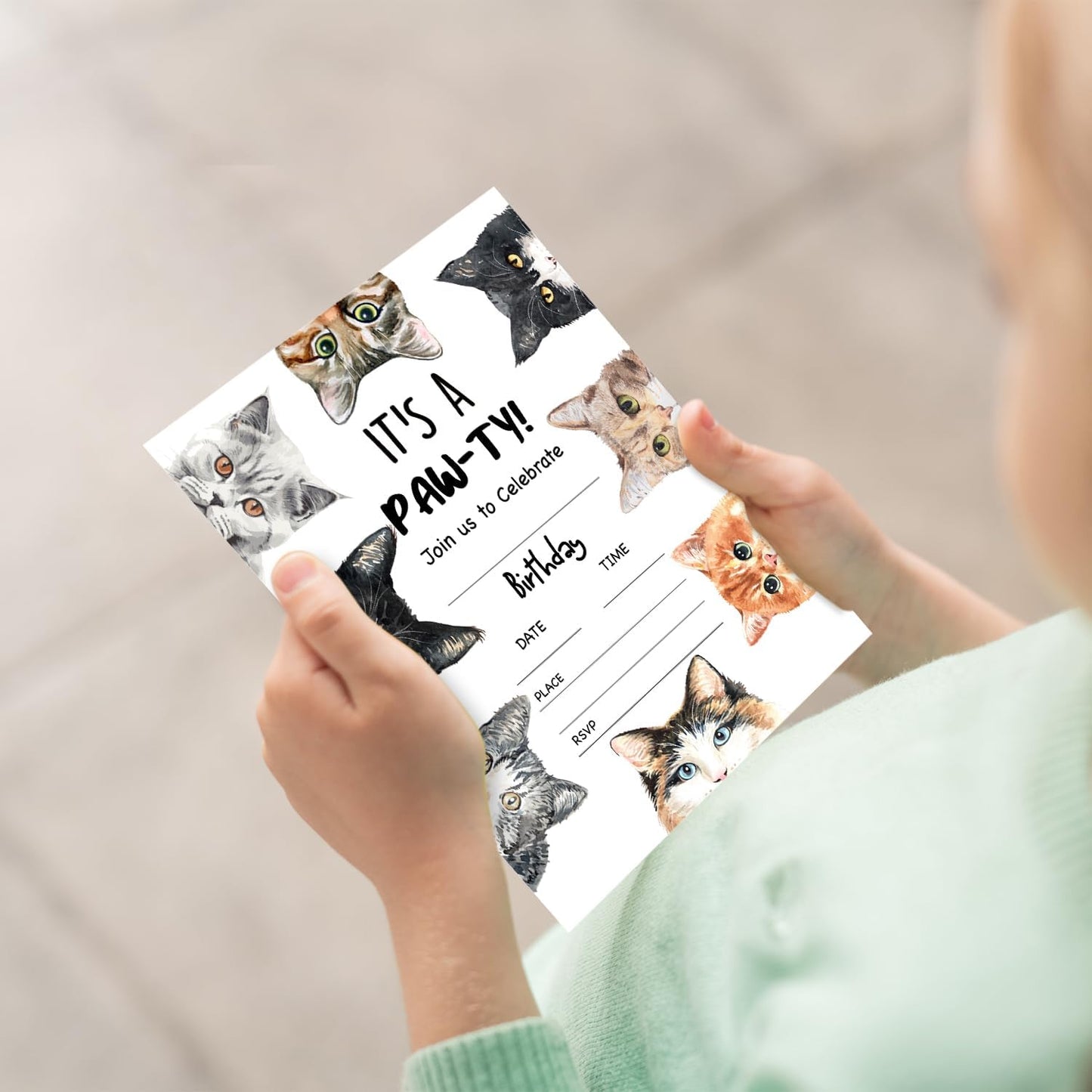 It's a paw-ty! Birthday Invitations, Cat Party Invitations, 20 Double-Sided Fill In Invitation with Envelopes for Boys Girls, Birthday Party Decorations Favor
