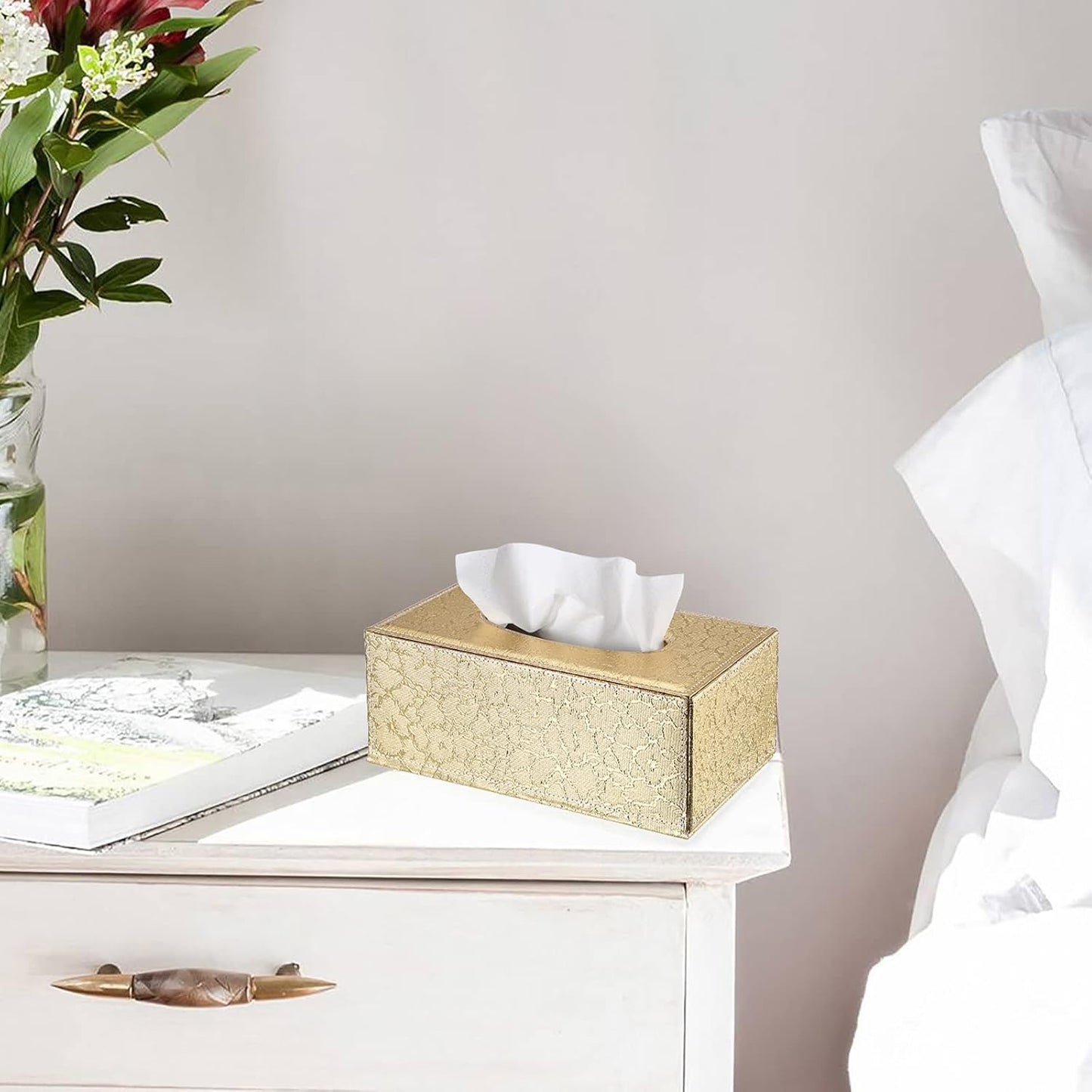 Sumnacon Rectangular Tissue Box Cover - Stylish Tissue Box Holder with Magnetic Bottom, Decorative Tissue Box for Vanity Dresser Night Stand Table Countertop (Gold, Medium)