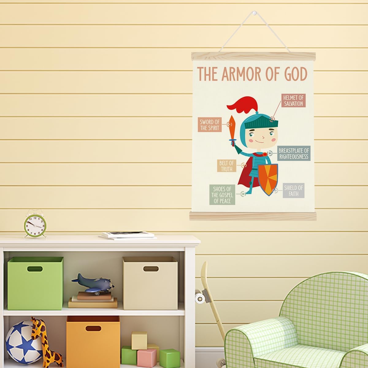 WINGTECA Kids Scripture Poster Christian Boho Decor Hanger Frame Classroom Back to School Decorations The Armor of God Colorful Wall Hanging Banner Decor for Classroom Kids Room Preschool 12x16Inch