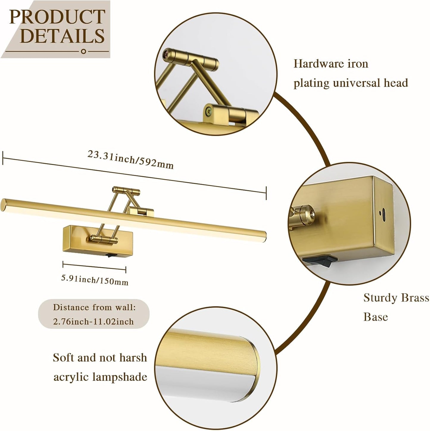 Joossnwell Battery Operated Picture Light for Wall Rechargeable Art Lighting for Paintings Wireless 23.62Inch Picture Frame Light with Remote Dimmable Gallery Light Brass for Library Artwork Museum