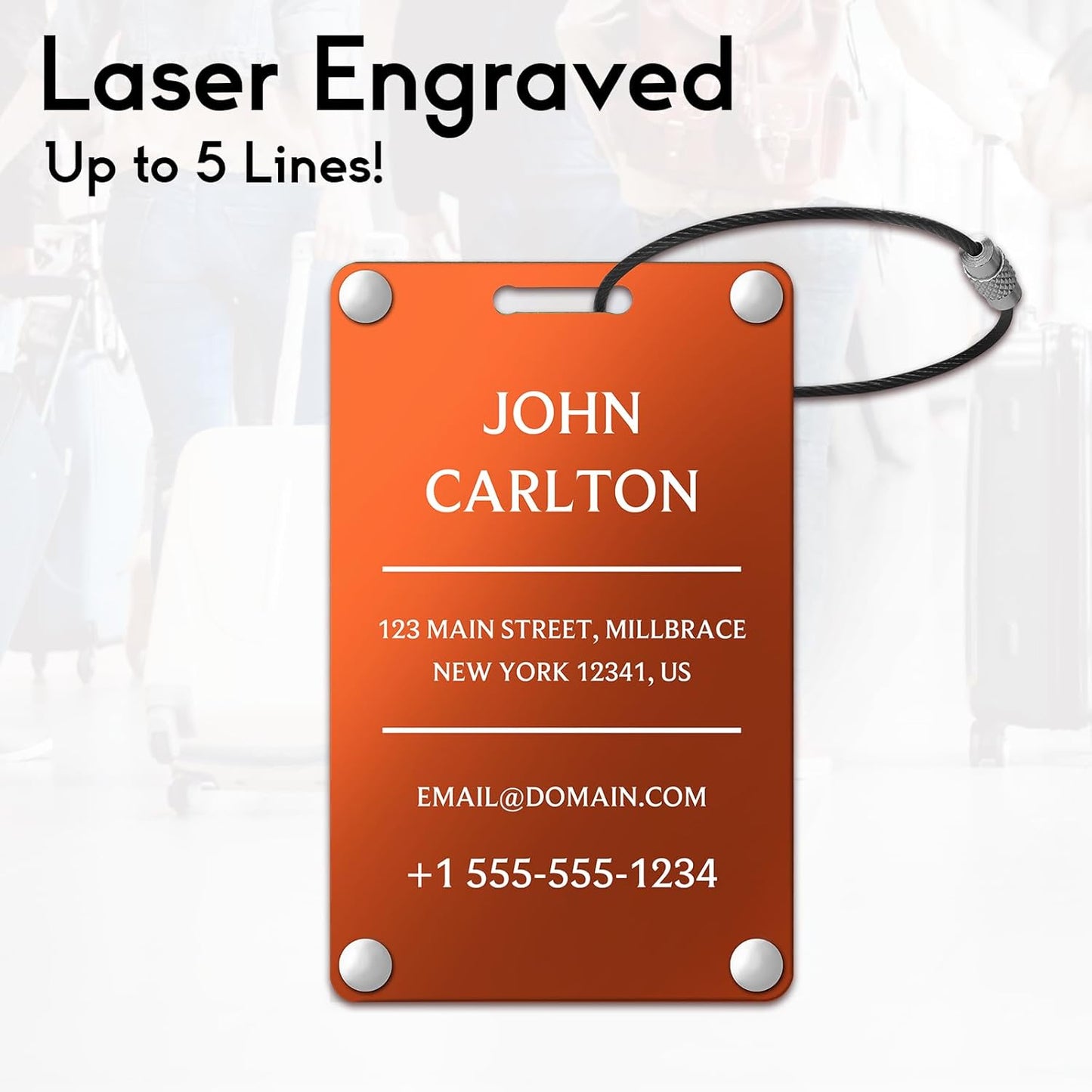 Personalized Luggage Tags for Suitcases - Aluminum Custom Luggage Tags for Backpacks & Bags, Sturdy, Waterproof & Heavy Duty (Orange/Card-Sized)