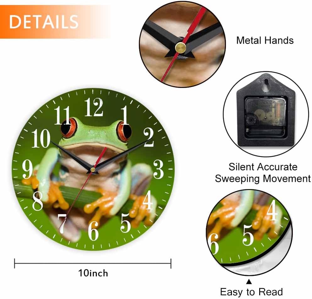 Mxocom Frog Wall Clock Green Frog with Red Eye Holding Branches 10 Inch Silent Non Ticking Battery Operated Clock Vintage Round Clock for Living Room Bedroom Bathroom Office Decor