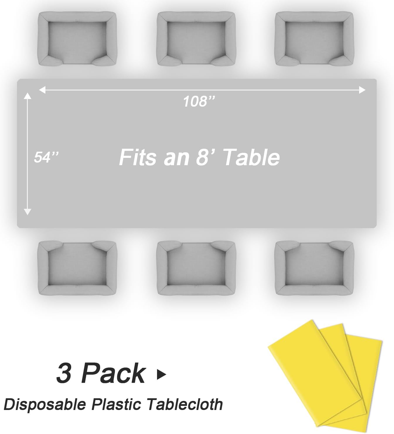 QIKSION Plastic Table Cloth Disposable 3 Pack, 54 x 108 Inch Tablecloths for Rectangle Tables, Yellow Plastic Table Cover