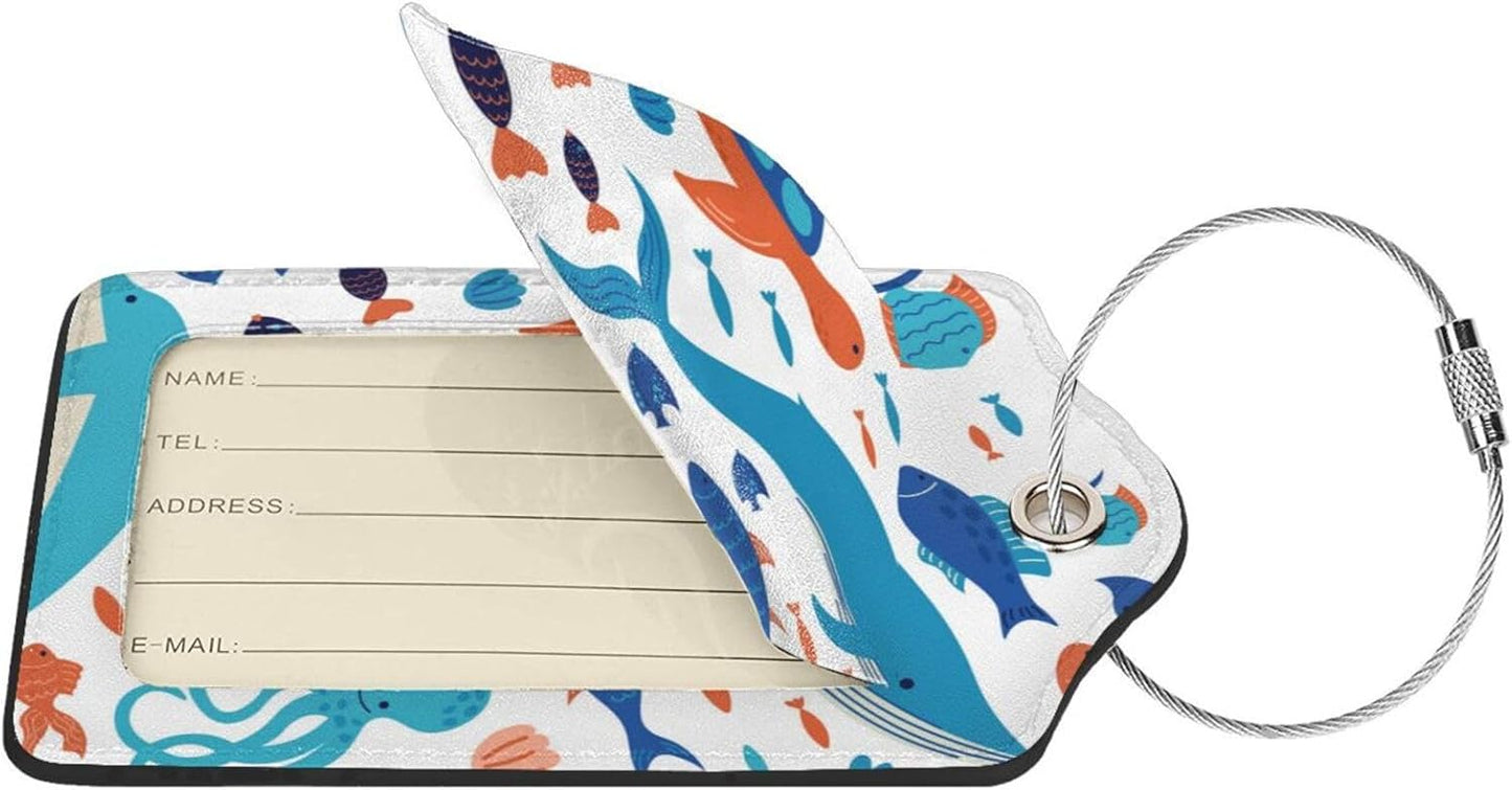 2 Pcs Underwater Ocean Sea of Animals Luggage Tags for Suitcases, Graffiti on Drawn of Marine Creatures Tags Birthday Gifts for Men Women Boy Girl Kid