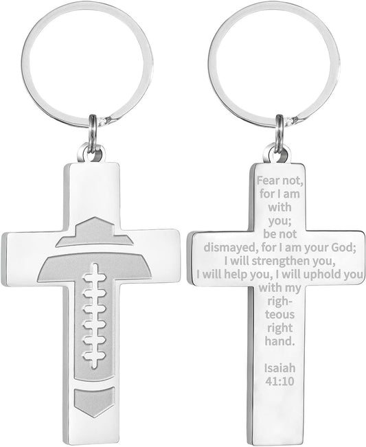 Football/Baseball/Soccer/Basketball Cross Keychains for Men First Communion Baptism Confirmation,Mens Gifts