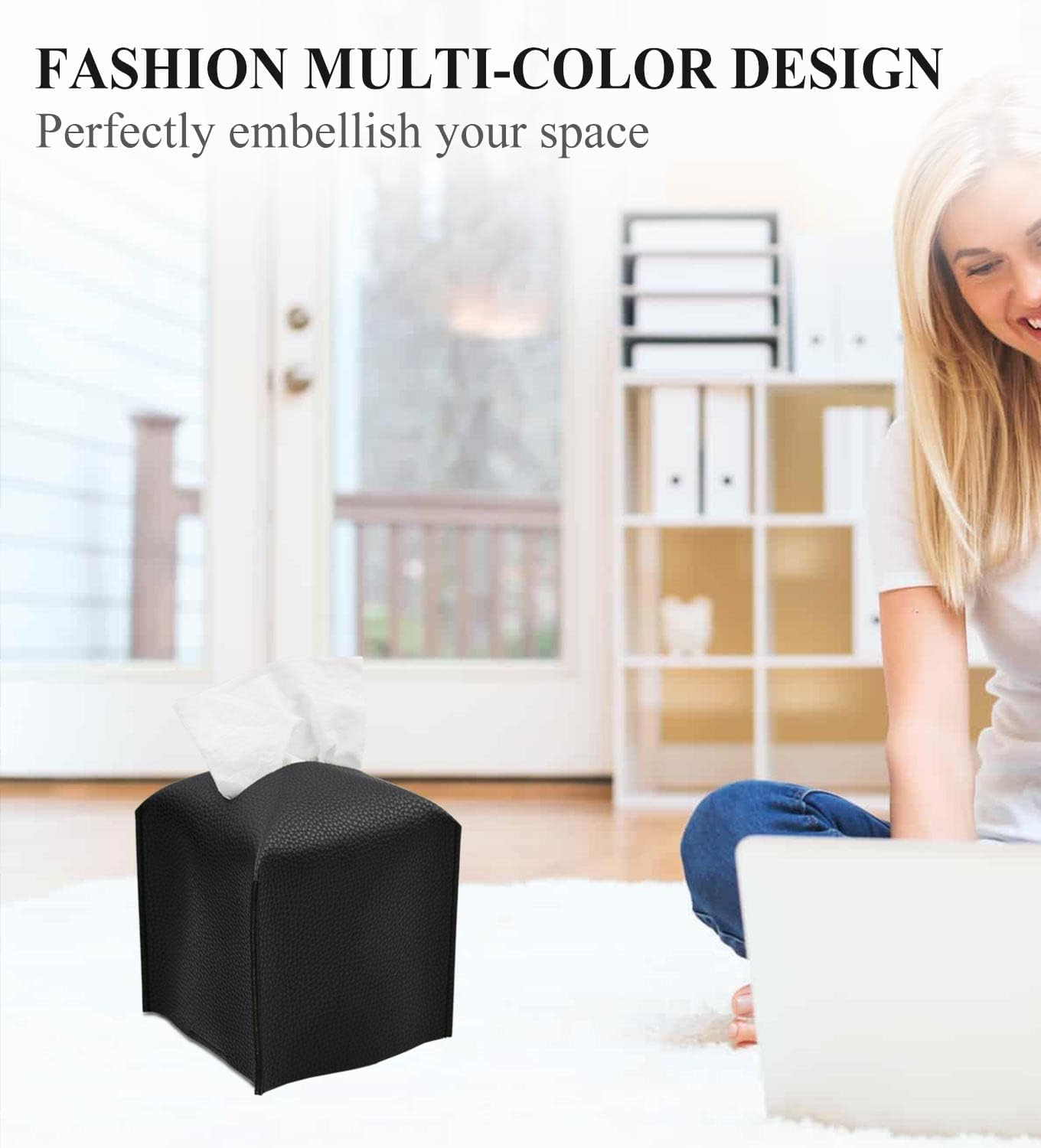 Livelab Tissue Box Cover, Square Decorative PU Leather Tissue Box Holder Modern Tissue Case Facial Paper Organizer Dispenser for Bathroom, Vanity Countertop, Night Stands, Desk, Car 5X5X5'' | Black