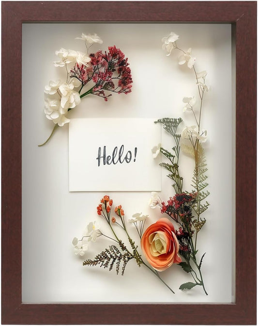 FrameWorks Mahogany Wooden Shadow Box Frame - 8.5' x 11' Display Case with Soft Felt Back, Tempered Glass, White Ball Push Pins