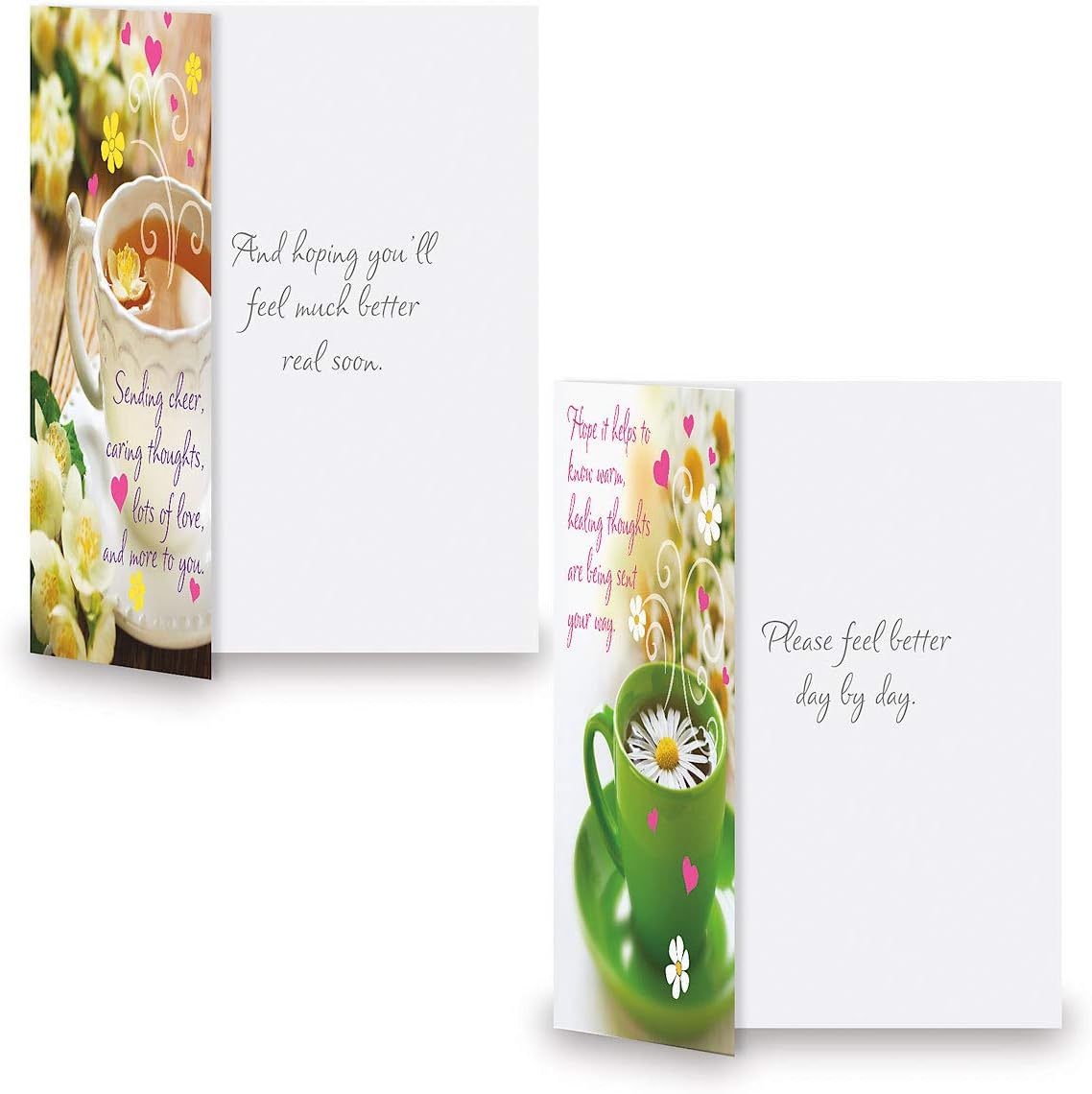 Teacup Get Well Greeting Cards - Set of 8 (4 Designs), Large 5" x 7", Sympathy Cards with Sentiments Inside, White Envelopes
