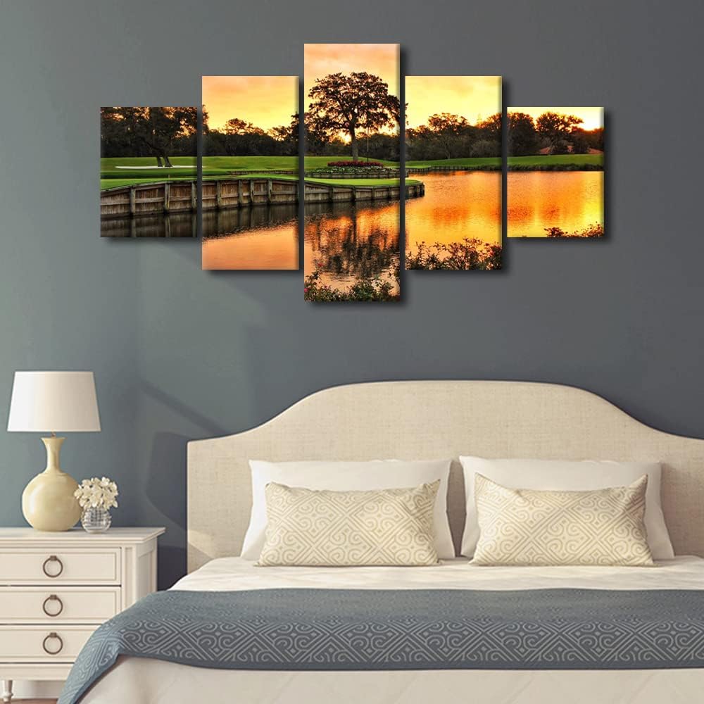 American Florida Wall Art TPC Sawgrass Golf Course Photos Large Golf Course Field Poster Prints Canvas 5 Panels Wall Art for Living Room Home Bedroom Office Wall Decor Framed Ready to Hang - 60"Wx32"H