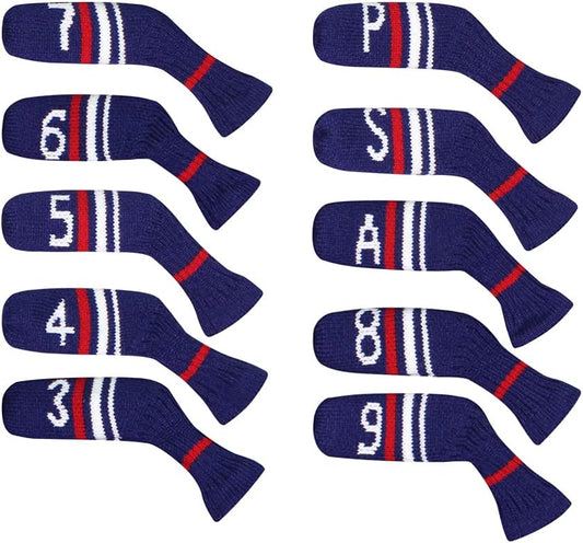 Scott Edward 1/7/10 Pcs Knitted Golf Club Head Covers for Irons Wedge Cuteness and Basically Socks Shape Washable Golf Club Head Protector on Red/Blue Warning Style