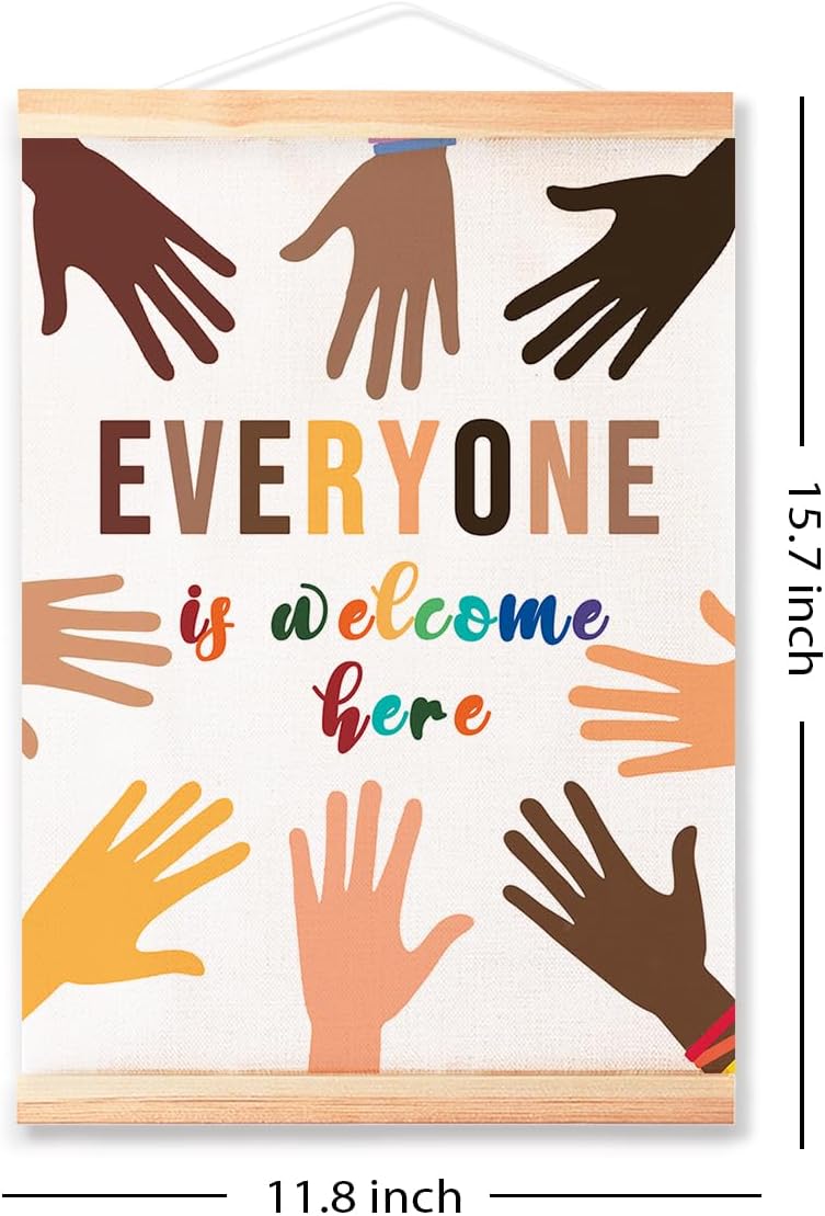 Multicultural Diversity Equality Poster Hanger Frame for Classroom School Nursery Wall Decor,Every One is Welcome Here Classroom Canvas Wall Art Poster Print Wall Hanging 16x12in