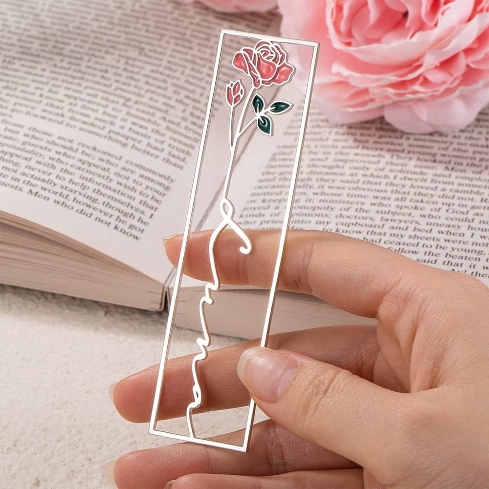 Personalised Bookmark Hand-Made Watercolor Birth Flower Engraved Floral Bookmark with Name Custom Metal Bookmarks Mothers Day Birthday Gifts Retirement for Ladies Women Bookworms Readers