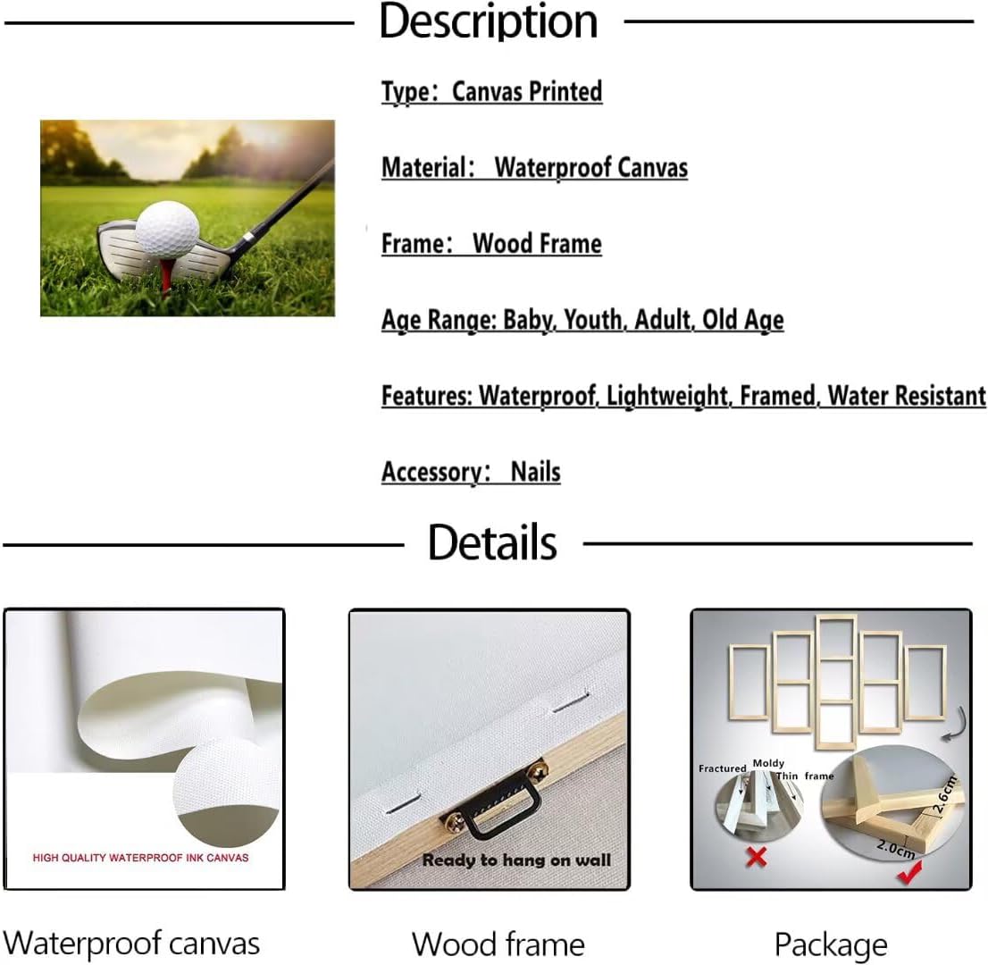 Golf Canvas Wall Art for Gym Room Golf Posters Golf Course Wall Decor for Living Room Bedroom Home Decorations Wall Decor Framed Artwork Ready to Hang(12''H x 16''W)