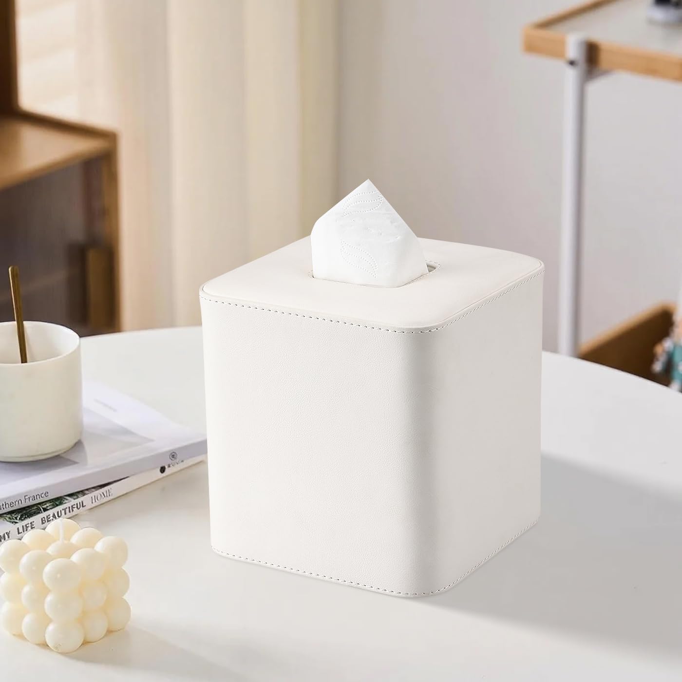 GORESE Square Tissue Box Cover Leather Kleenexs Box Cover, Cute Tissue Cover for for Cube Box Tissues, Tissue Box Holder for Bedroom, Living Room, Bathroom, Cream White