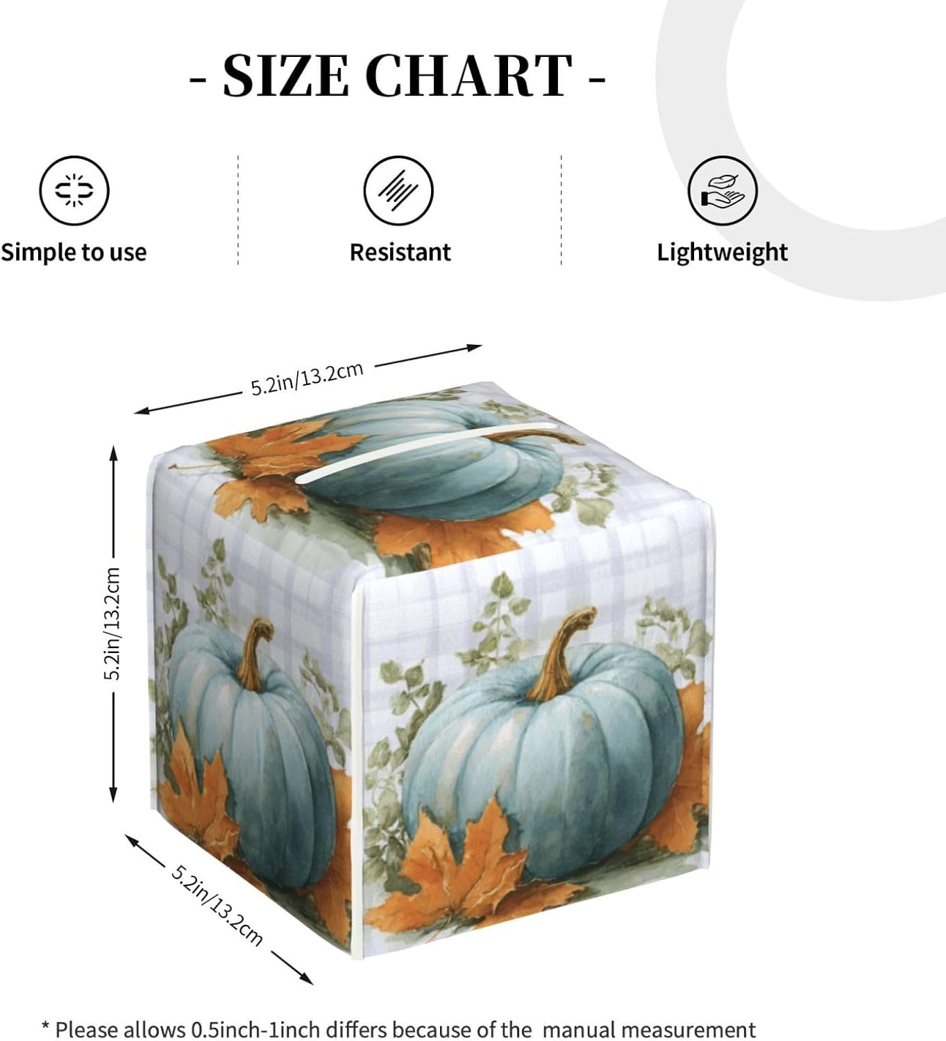Blue Pumpkins Fall Tissue Box Cover Autumn Leaves Plaid Square Leather Tissue Holder Decorative Facial Tissue Cube Paper Cover Case Organizer for Bathroom Night Stands Desk Tabletop Living Room Home