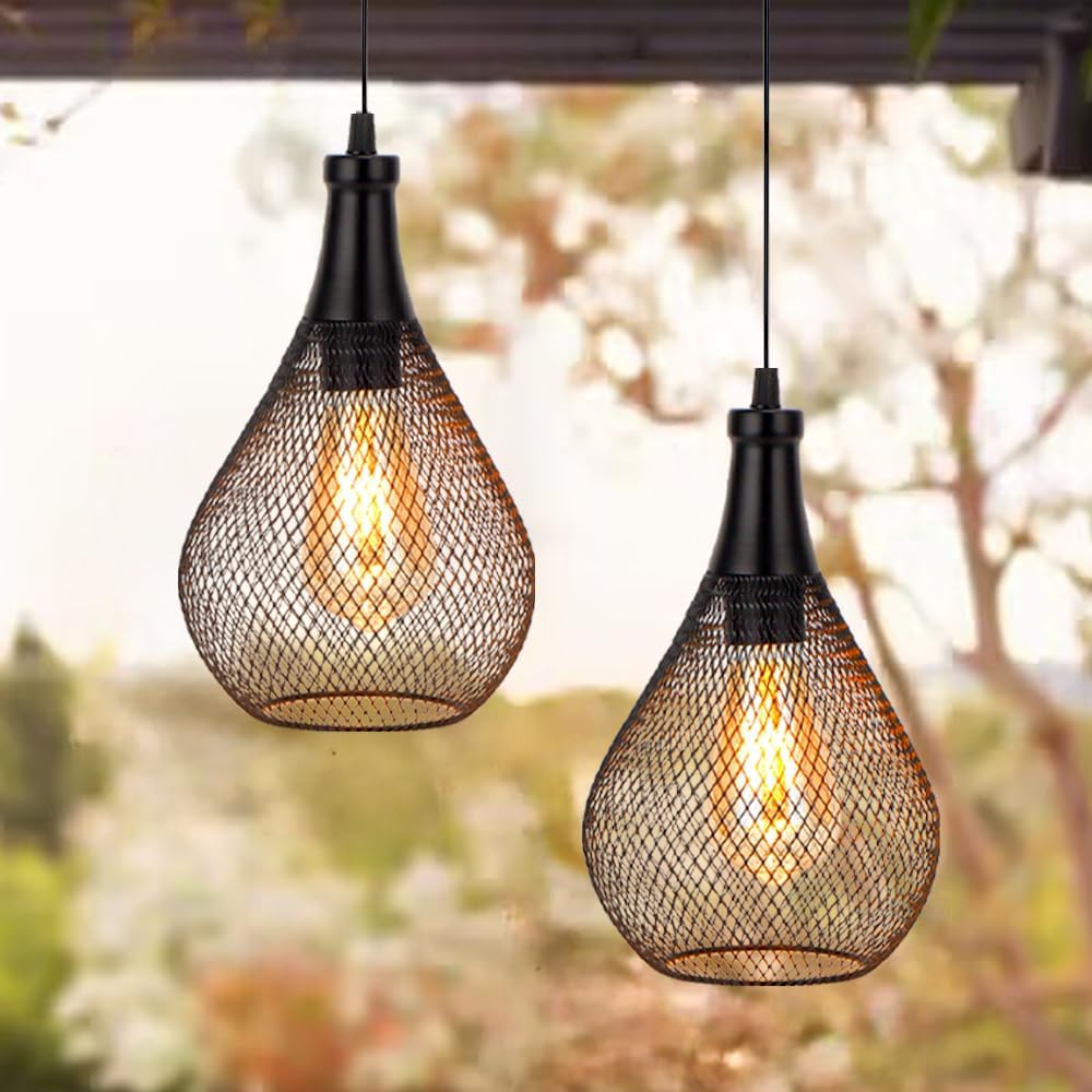 JHY DESIGN Hanging Lamp Set of 2 Battery Operated Cordless Lamps Metal Cage Pendant Light with 6 Hours Timer Great for Parties Patio Events for Indoors Outdoors(Teardrop Shape)