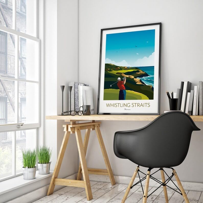 Whistling Straits Golf Print, Wisconsin - Golf Poster, Whistling Straits Golf Poster, Wisconsin Golf Course Print, Golf Art Wall Decor, Coastal Golf Landscape, Golfer Gift (Unframed) (24x36)