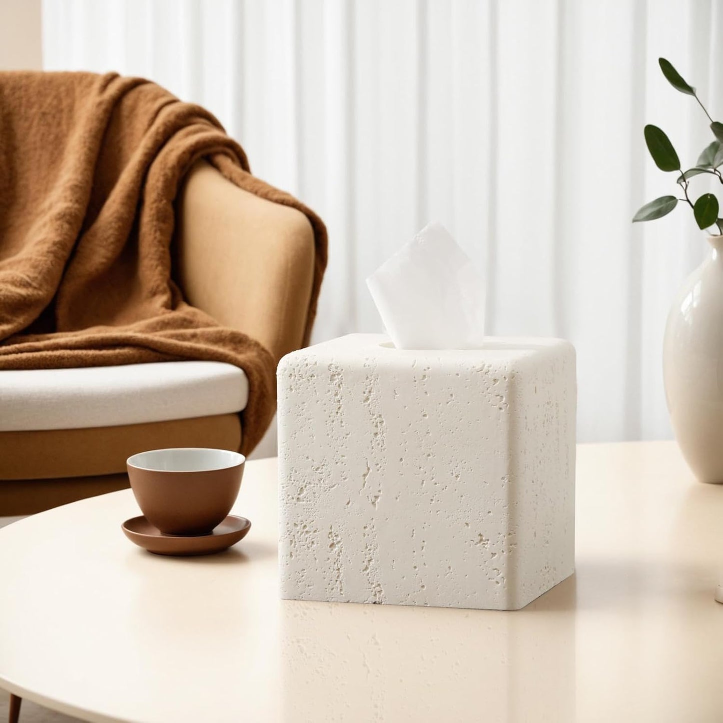 Tissue Box Cover Square, Resin Facial Tissue Holder Covers Toilet Paper Holder Decorative Travertine Paper Dispenser Home Decor for Bathroom Bedroom Living Room Office (Off White)