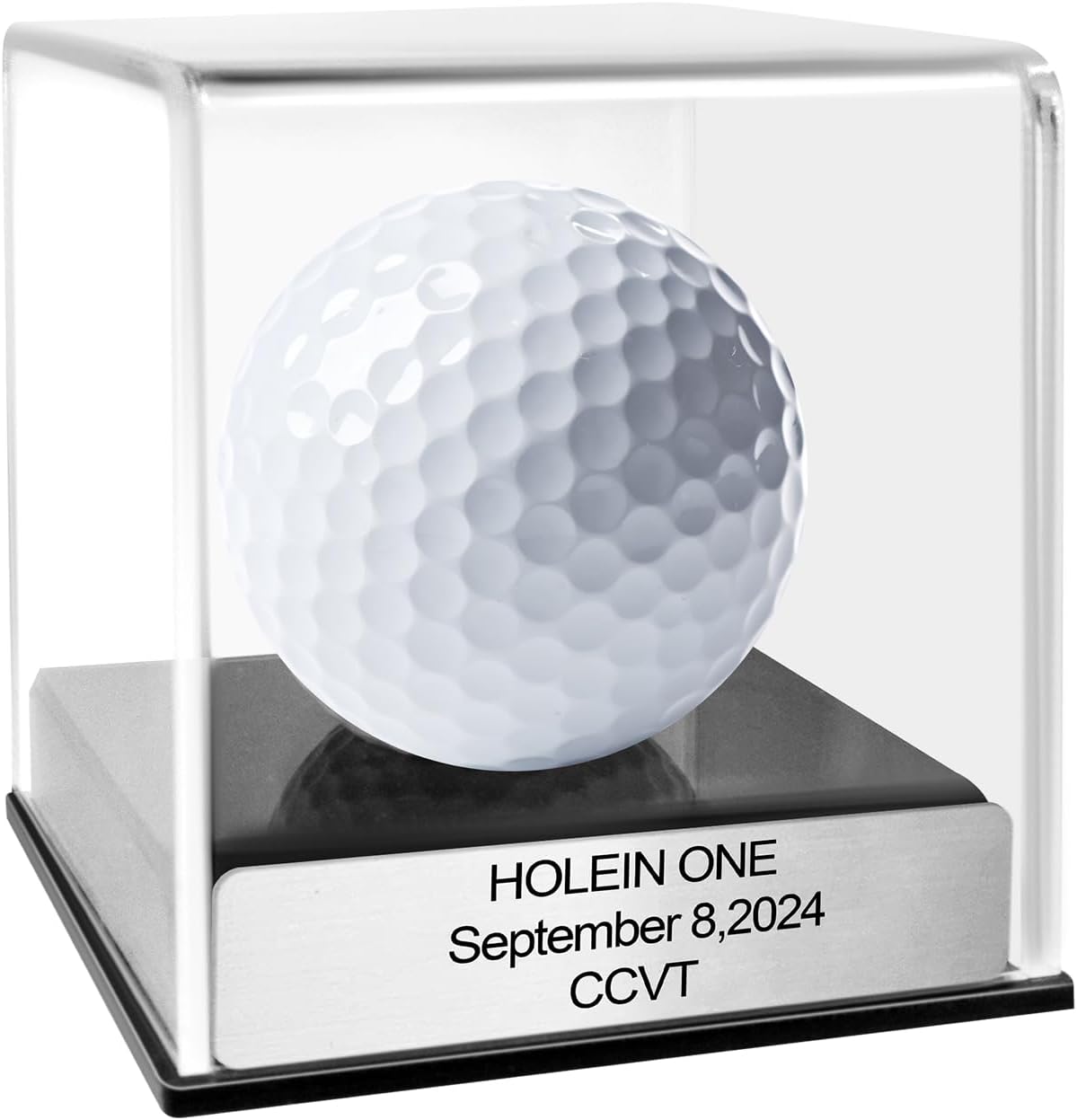 Custom Golf Hole-in-One Display Case, Acrylic Golf Ball Display Case, Custom Engraved Plaque, Commemorate Your Hole in One Shot (Silver)