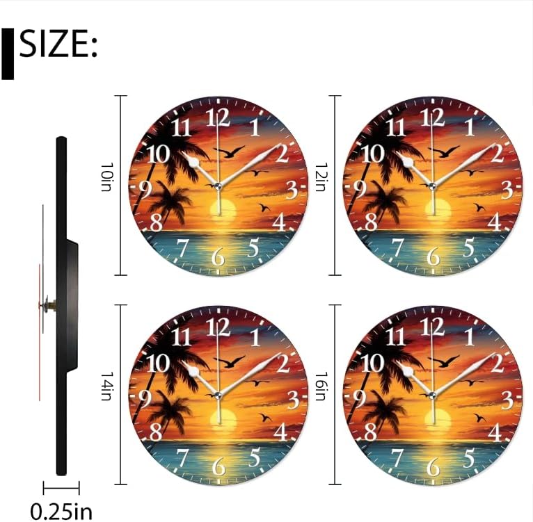 Sunset Wall Clock Non-Ticking Silent Clocks Battery Operated Analog Decor Clock for Home-Beautiful Sunset Over The Ocean with Palm Trees and Birds Flying in The Sky(10inch)