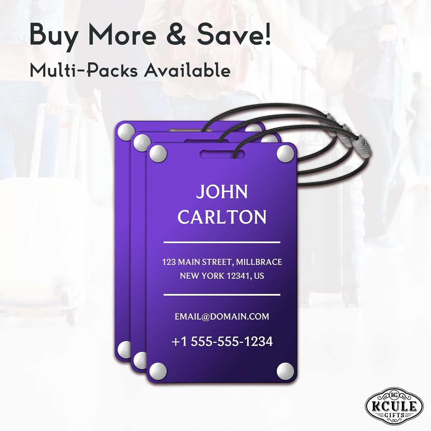 Personalized Luggage Tags for Suitcases - Aluminum Custom Luggage Tags for Backpacks & Bags, Sturdy, Waterproof & Heavy Duty (Purple/Card-Sized)