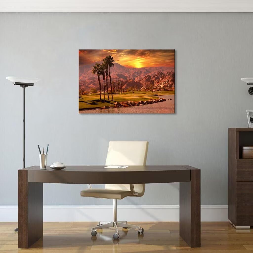 USA California Golf Course Wall Art for Living Room Bedroom Bathroom Home Decorations Golf Course at Sunset Springs Landscap Painting Canvas Prints Modern Artwork Framed Ready to Hang(18''H x 24''W)