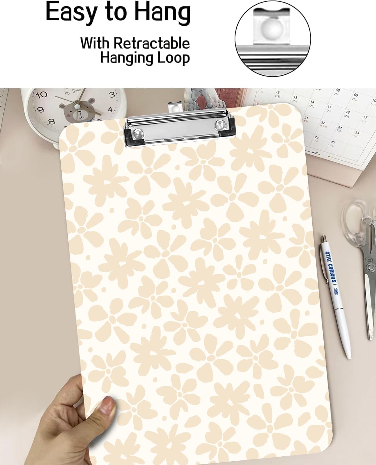 Fashion A4 Clipboard, Standard Letter Size 9" x 12.5", Decorative Wooden Clipboard with Low Profile Metal Clip for Office, School, Teachers, and Students, Beige Flower