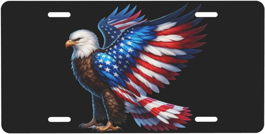 Front License Plate for Car Designs American Flag Eagle Black Stainless License Plate Cover Holder for Men Women Metal Aluminum Decorative Accessory Vanity Tag Standard 6 X 12 inch (4 Holes)