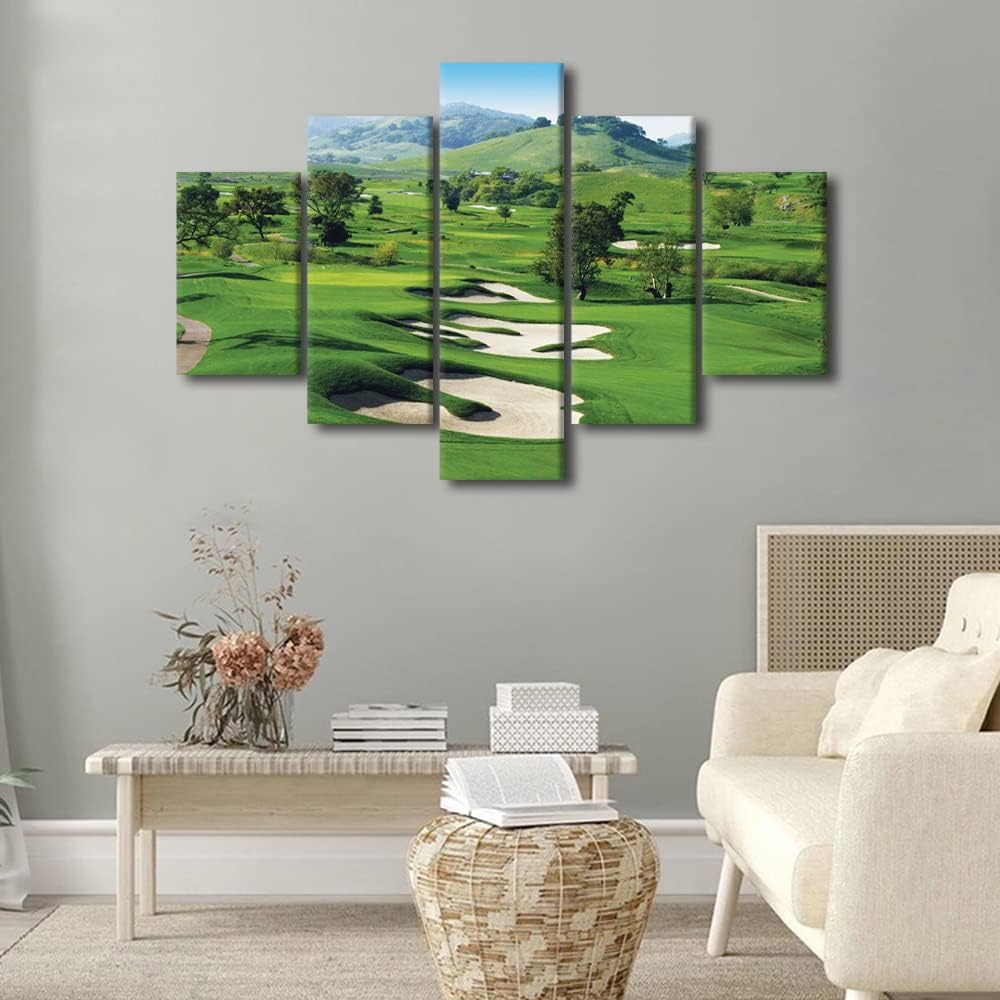 American Golf Course Wall Art CordeValle Green Golf Course Scenery Wall Art Canvas Print US USA Themed Home Decor Painting Poster 5 Panels for Living Room Bedroom Framed Ready to Hang - 60"W x 40"H
