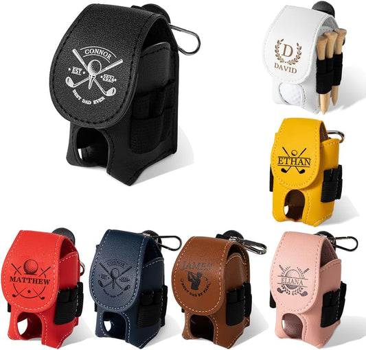 Custom Name Golf Ball Holder with Clip Leather Personalized Monogram Golf Tee Holder for Golf Bag Waist Golf Ball Tee Pouch Bag Gifts for Golfers Men Women