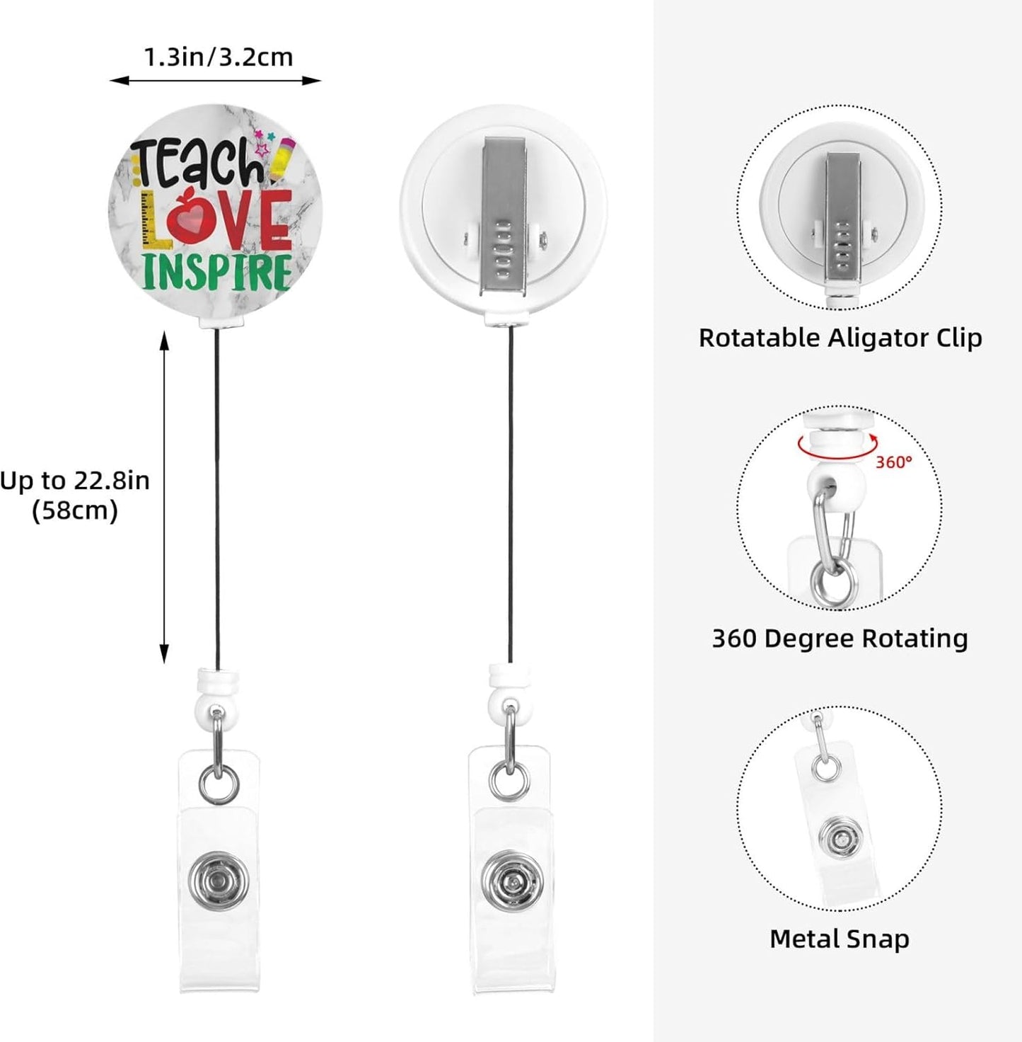 Teach Love Inspire Teacher Badge Reels Retractable Badge Holder with Clip for Id Name Tag Office Worker Student Nurse Doctor