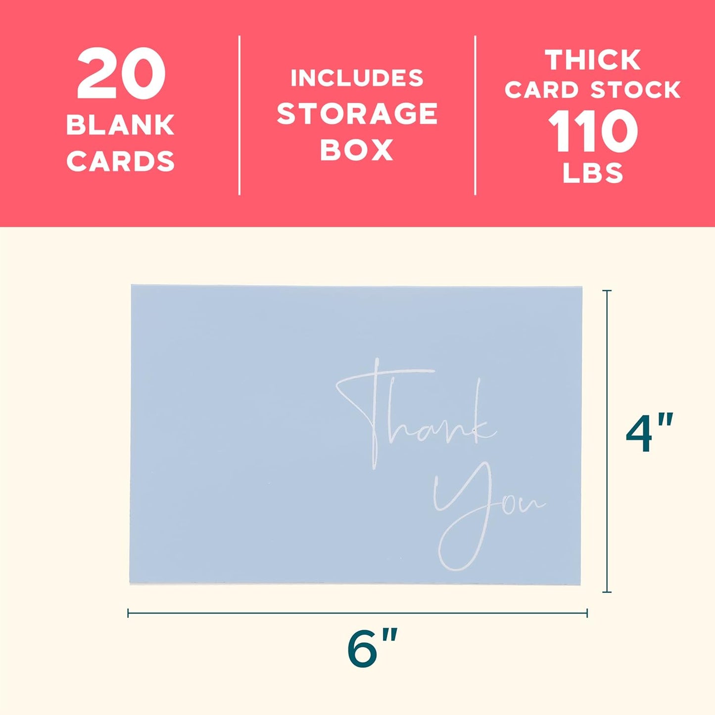 VNS Creations 20 Pack Thank You Cards With Envelopes, Stickers, 4x6 Inch Blank Thank You Notes - Bulk Box Set Large Notes for Graduation, Wedding, Small Business, Baby & Bridal Shower - Light Blue