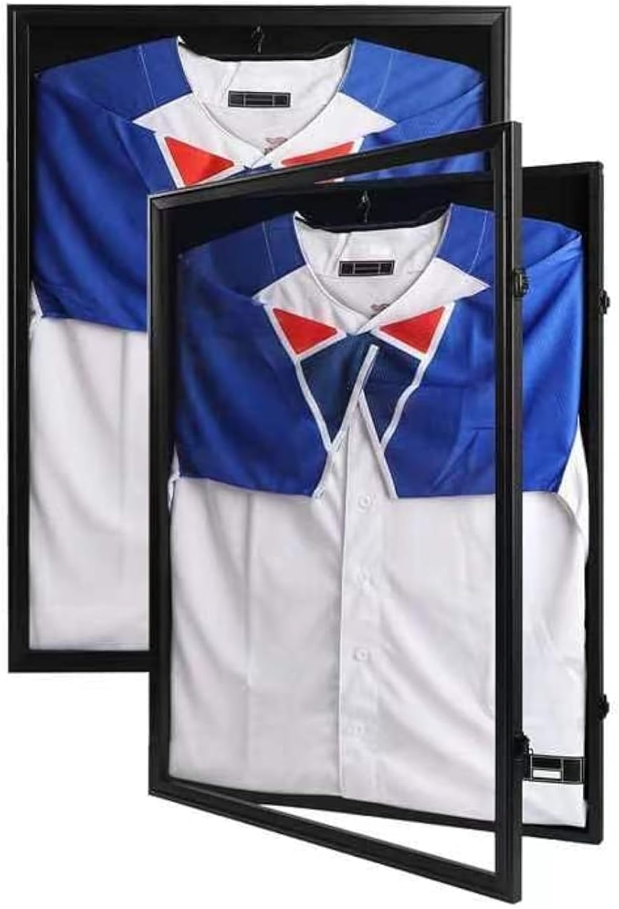 IHEIPYE Jersey Frame Display Case Black Lock-2Pack,Large Shadow Box Lockable with 98% UV Protection Acrylic and Hanger for Baseball Basketball Football Soccer Hockey 2XL Sport Jersey Shirt