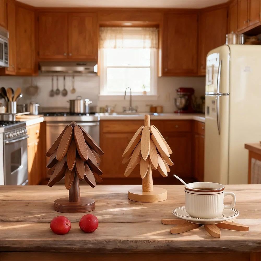 4 Wooden Trivets for Hot Dishes,Christmas Tree Trivet Table Mat Set,Wooden Treevet Tree Coasters for Hot Pots and Pans Christmas Decorations Gift for Women