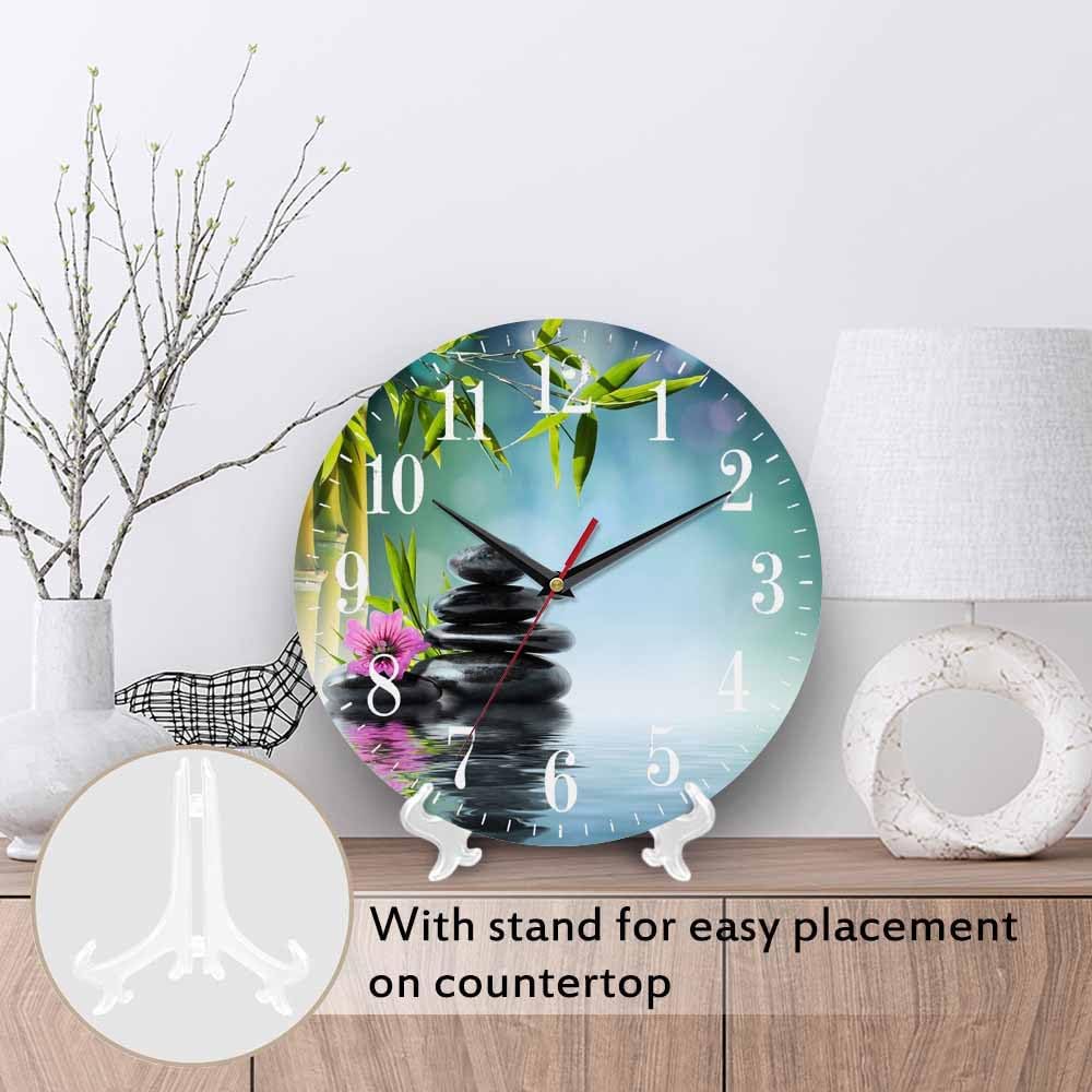 Mxocom Meditation Wall Clock Tower Black Stone and Hibiscus with Bamboo on Water Relax 10 Inch Silent Non Ticking Battery Operated Clock Vintage Round Clock for Living Room Bedroom Bathroom Decor