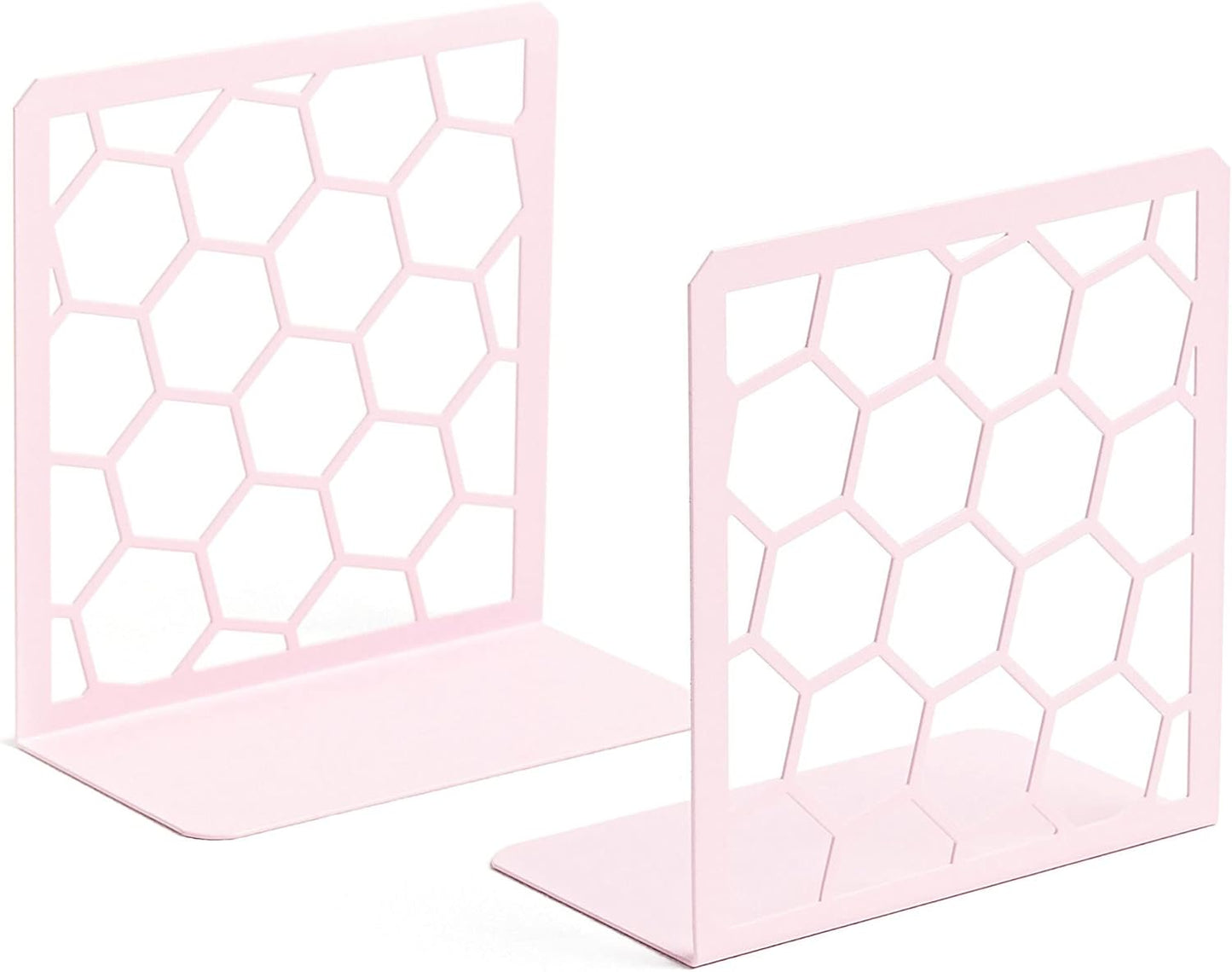 GEOMOD Geometric Honeycomb Pink Metal Bookends Decorative - Tall Sturdy Book Ends for Shelves - Modern Heavy Duty Bookend Stopper - Office or Home Book Shelf Book Holder - 6x3.25x6.25 Inches - 1 Pair