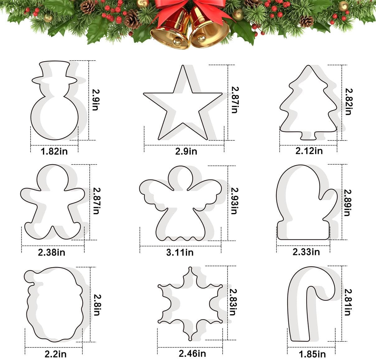 Christmas Cookie Cutters Set of 9 Pieces, Metal Shapes for Winter Holiday: Christmas Tree, Snowflake, Gingerbread Men, Angel, Star, Mitten, Candy Cane, Snowman