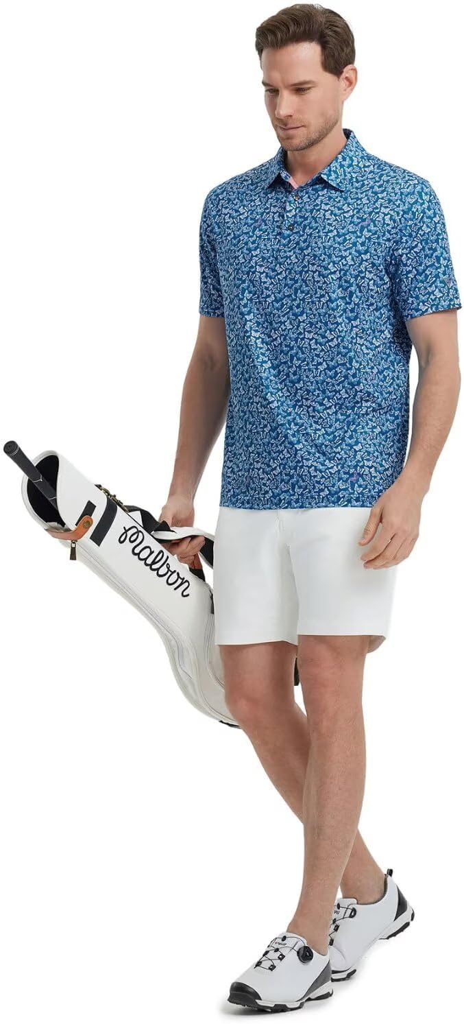 M MAELREG Mens Golf Shirt Short Sleeve Dry Fit Print Moisture Wicking Performance Patterns Collared Polo Shirt