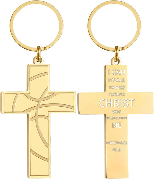 Football/Baseball/Soccer/Basketball Cross Keychains for Men First Communion Baptism Confirmation,Mens Gifts