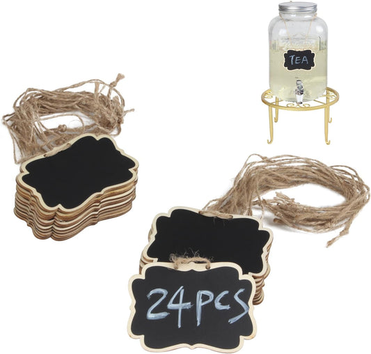 Wooden Mini Hanging Chalkboard Signs for Beverages Dispenser, Price Message Chalkboard Tags with String, Double-Sided Little Labels for Party Event Decorations, Table Numbers, 3.5x2.5, 24 Pack