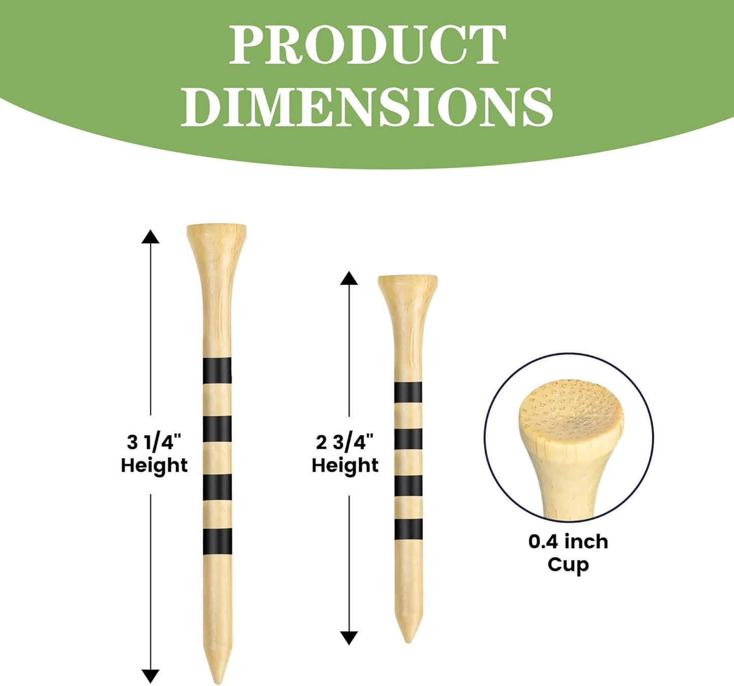 Natrual Wooden Golf Tees 100 Pack (2-3/4" & 3-1/4" Available) Biodegradable Bamboo Golf Tees,More Sturdy and Stable,Natural/White Color