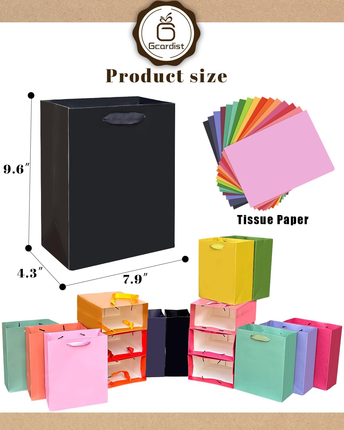 Gcardist 16 Colors Gift Bags with Tissue Paper for Wedding, Birthday, Party Supplies-7.9"x4.3"x9.6" Light Color Series Medium Size Cardboard Gift Bags （16pcs Bags +32pcs Tissue Paper ）