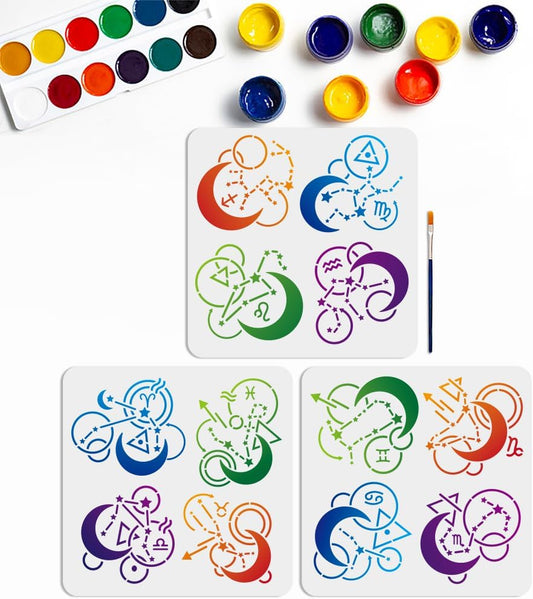 MAYJOYDIY 3pcs 12 Zodiac Signs Stencil 11.8×11.8inch 12 Constellations Symbols Stencils with Paint Brush Astrological Horoscope Drawing Template for Craft Furniture Fabric Wall