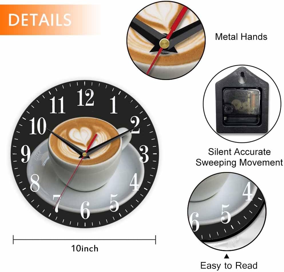 Mxocom Coffee Wall Clock Cappuccino Art Heart Pattern 10 Inch Silent Non Ticking Battery Operated Clock Vintage Round Clock for Living Room Bedroom Bathroom Office Decor