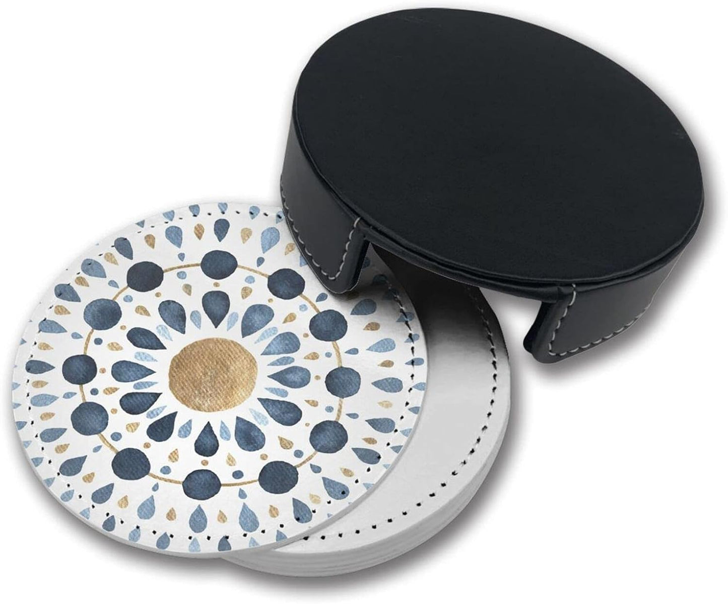 Moon Blue Gold Mandala Watercolor Leather Drinks Coasters with Holder Set of 6, Suitable for Kinds of Cups