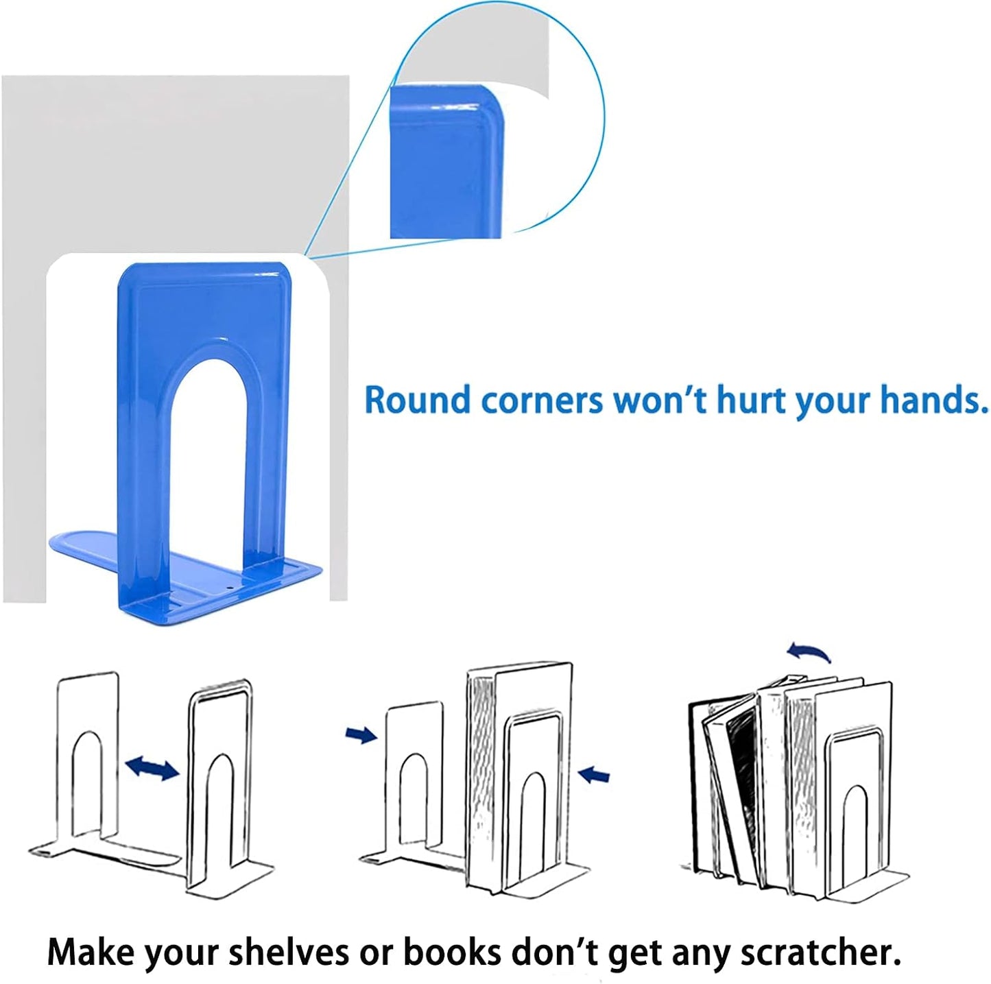 Metal Book Ends for Office Home, Book Shelf Holder Home Decorative, Book Ends for Heavy Books/Movies/CDs, Blue 6.5 x 5 x 5.7 in, 4 Pair/ 8 Piece